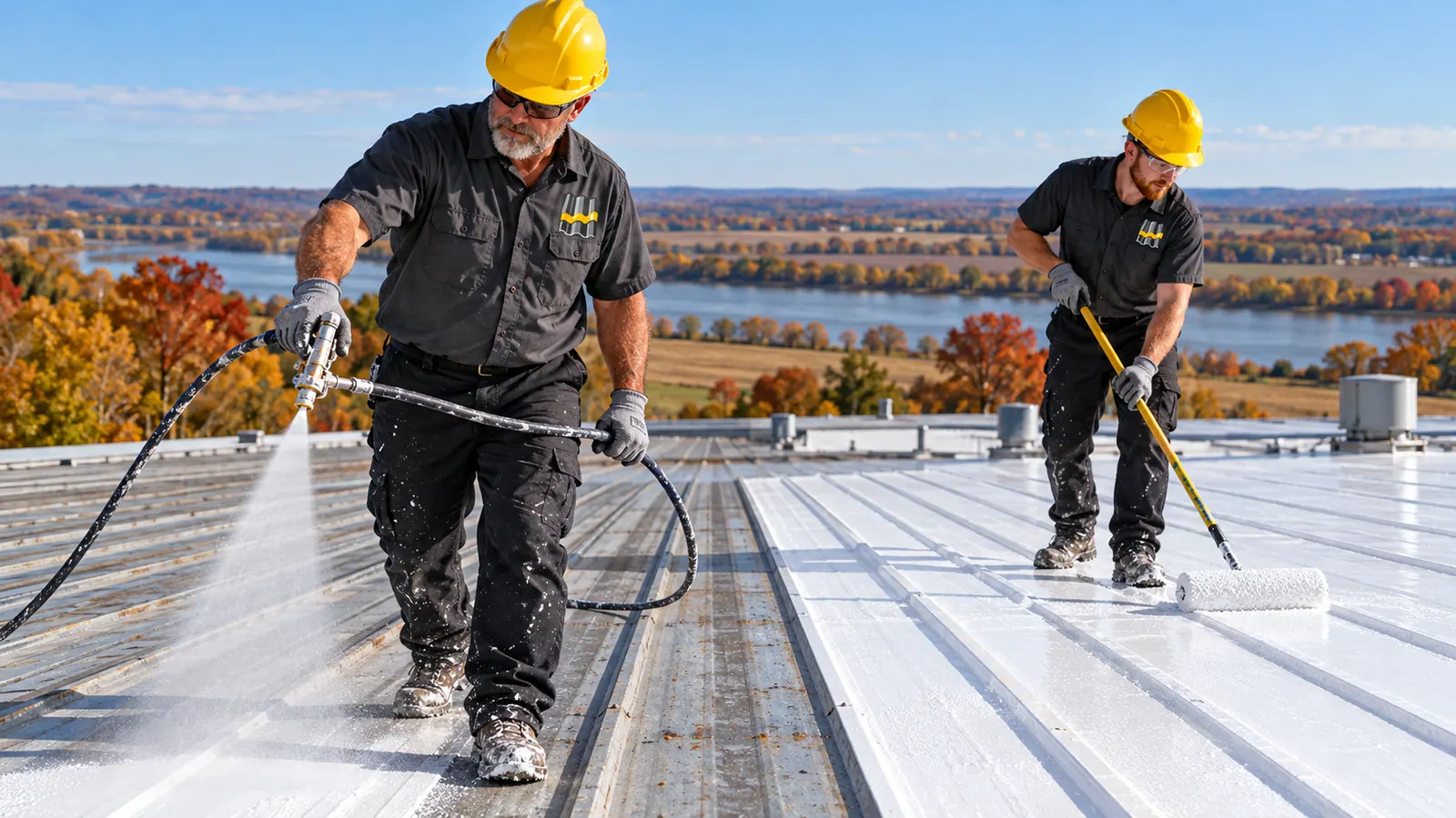 Roofers in logo uniforms coating a commercial metal roof in Henderson, KY