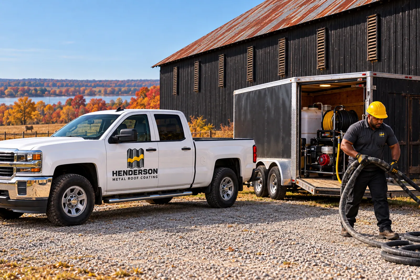 Work truck with the Henderson Metal Roof Coating logo parked beside a metal building