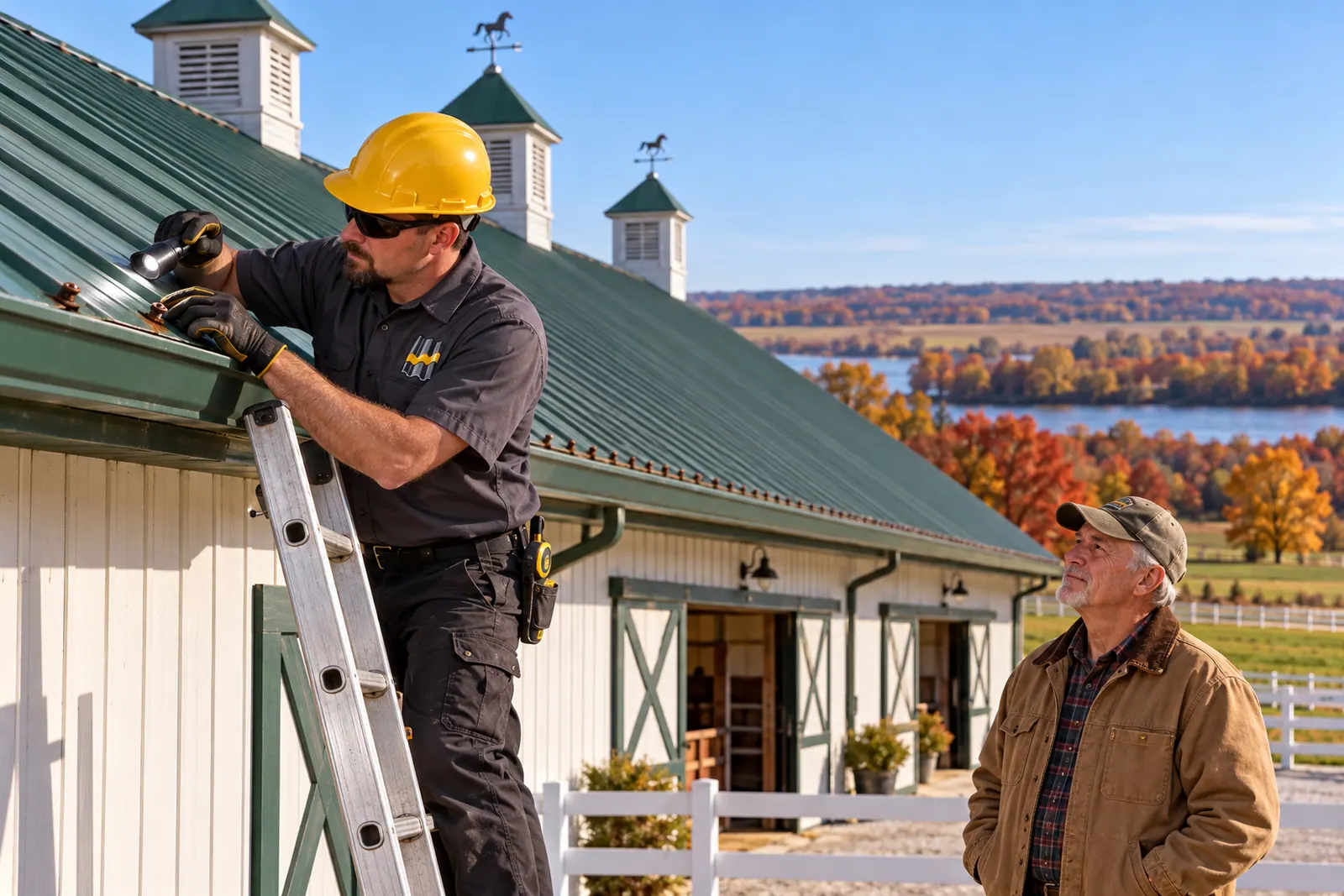 Roofer inspecting fasteners and panel laps on a commercial metal roof