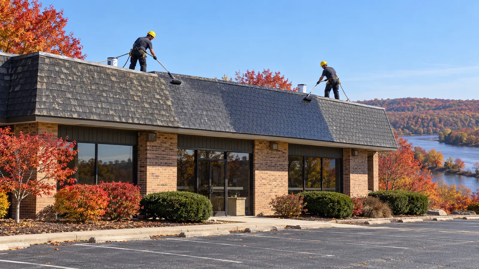 Crew checking and coating an asphalt shingle roof on a commercial building