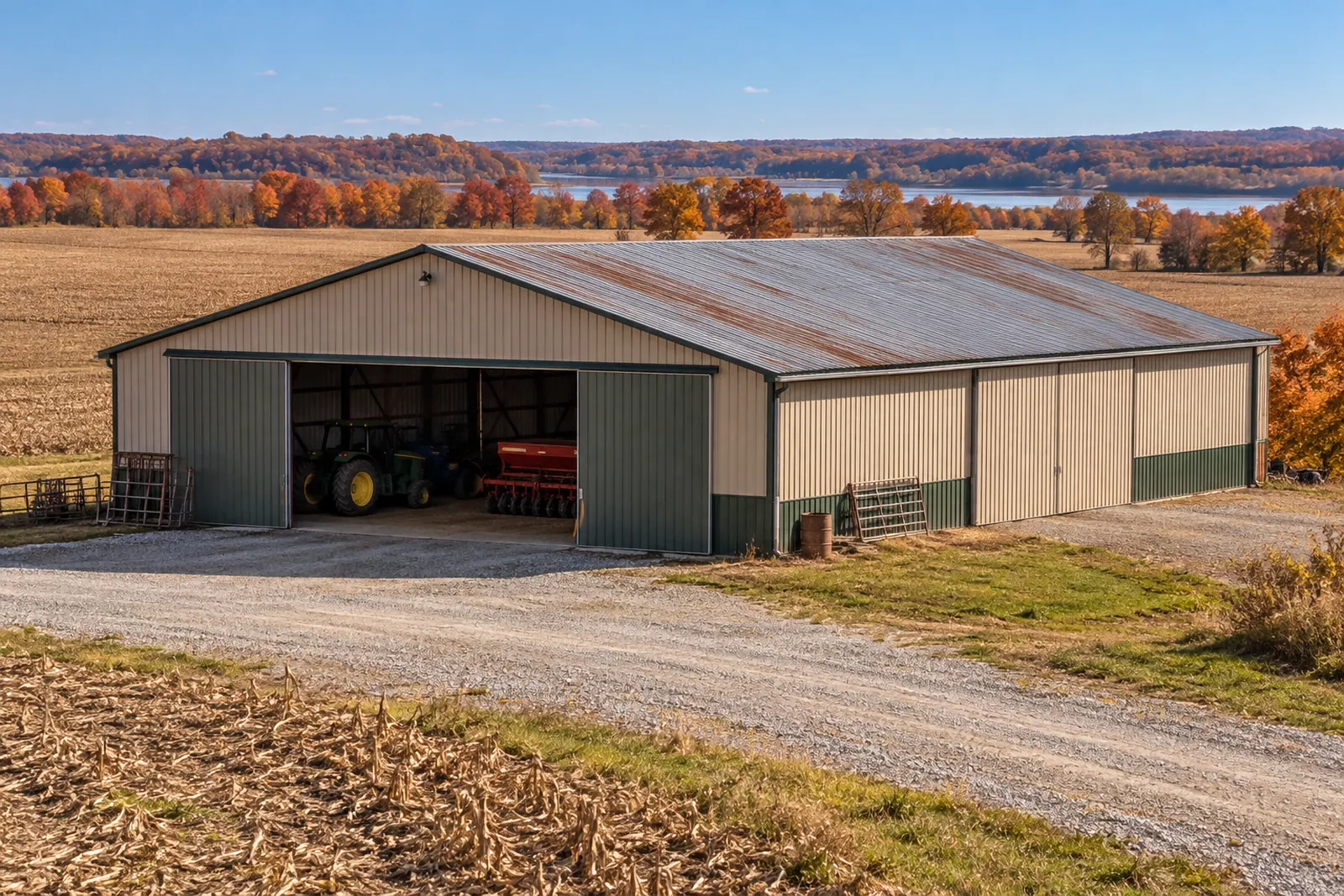Metal shop building with exposed-fastener roof panels
